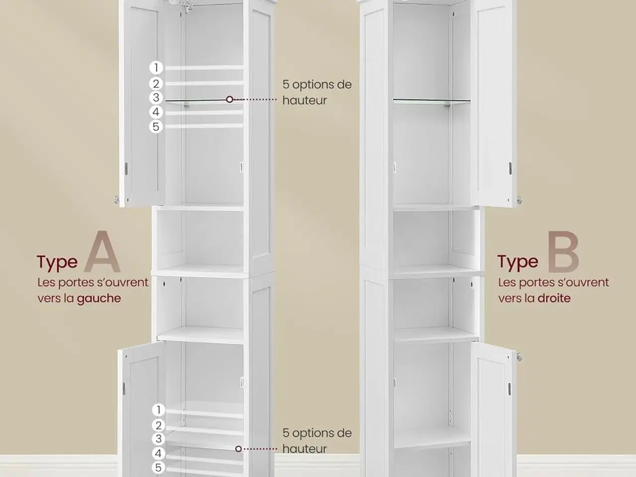 Billede 6 - Højt og smalt badeværelsesskab med lys – justerbare hylder, åbne rum, til små badeværelser, moderne, cloud hvid (BBC566W03)