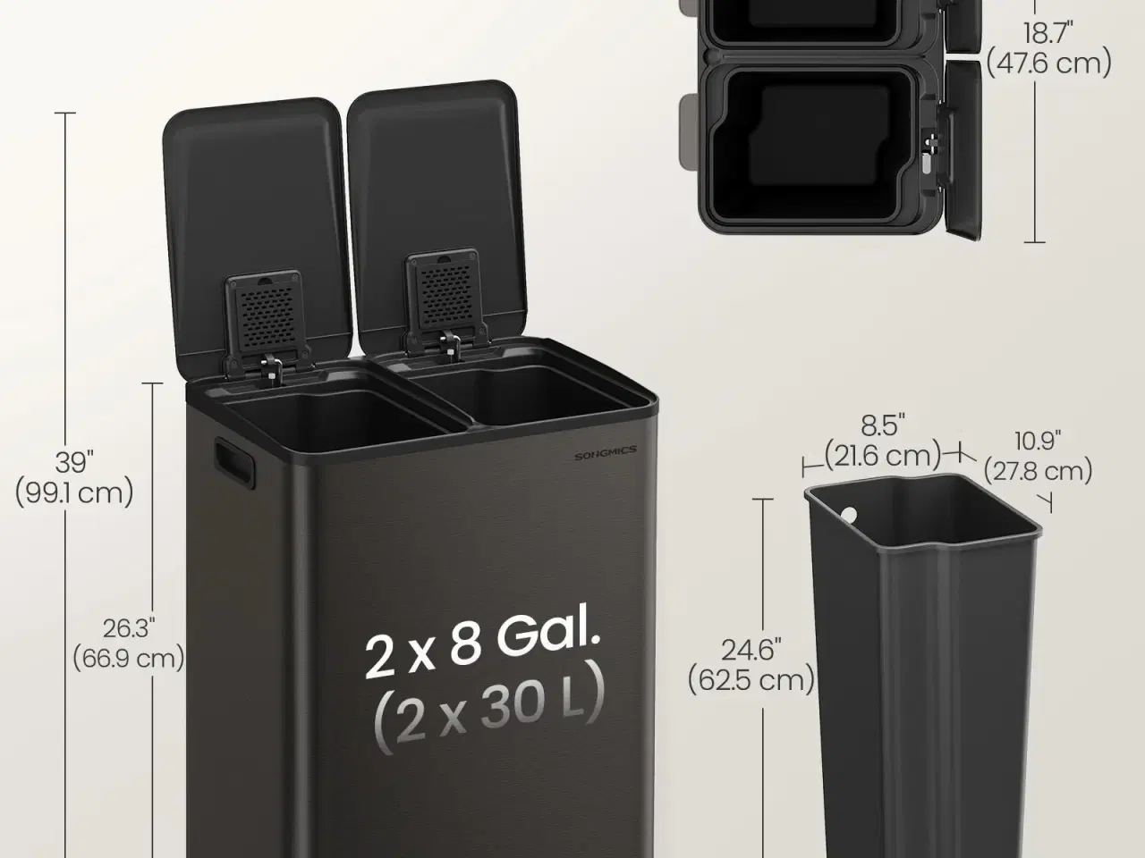 Billede 6 - Dobbelt skraldespand 2 x 30 l med soft-close og pedal – rustfrit stål, skifergrå