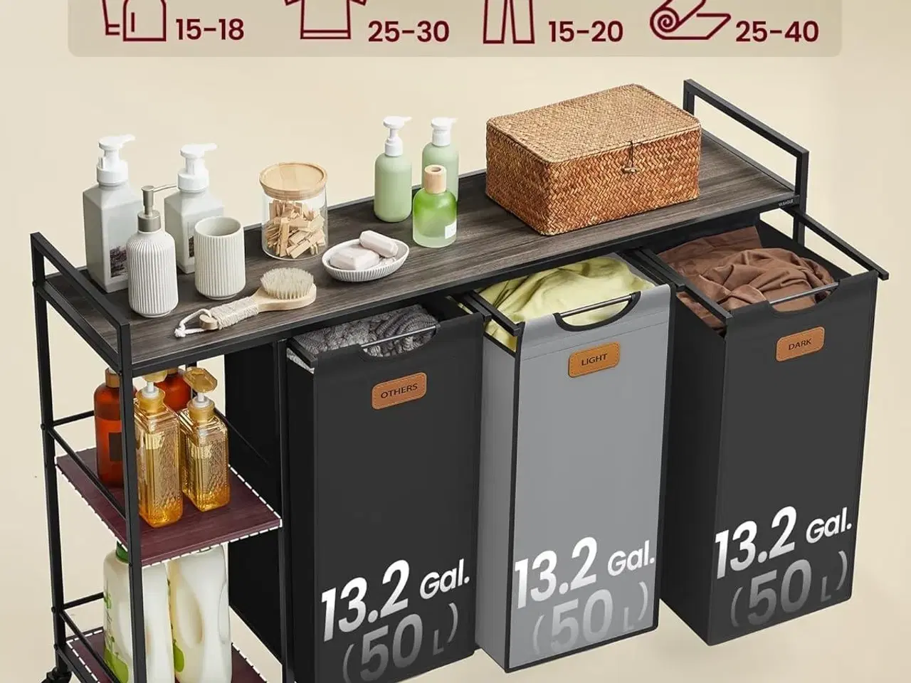 Billede 3 - Vasketøjskurv med 3 rum 150 l sorter, rullevogn med hylder, aftagelige poser, 6 mærker, kastanjebrun/sort/duvegrå