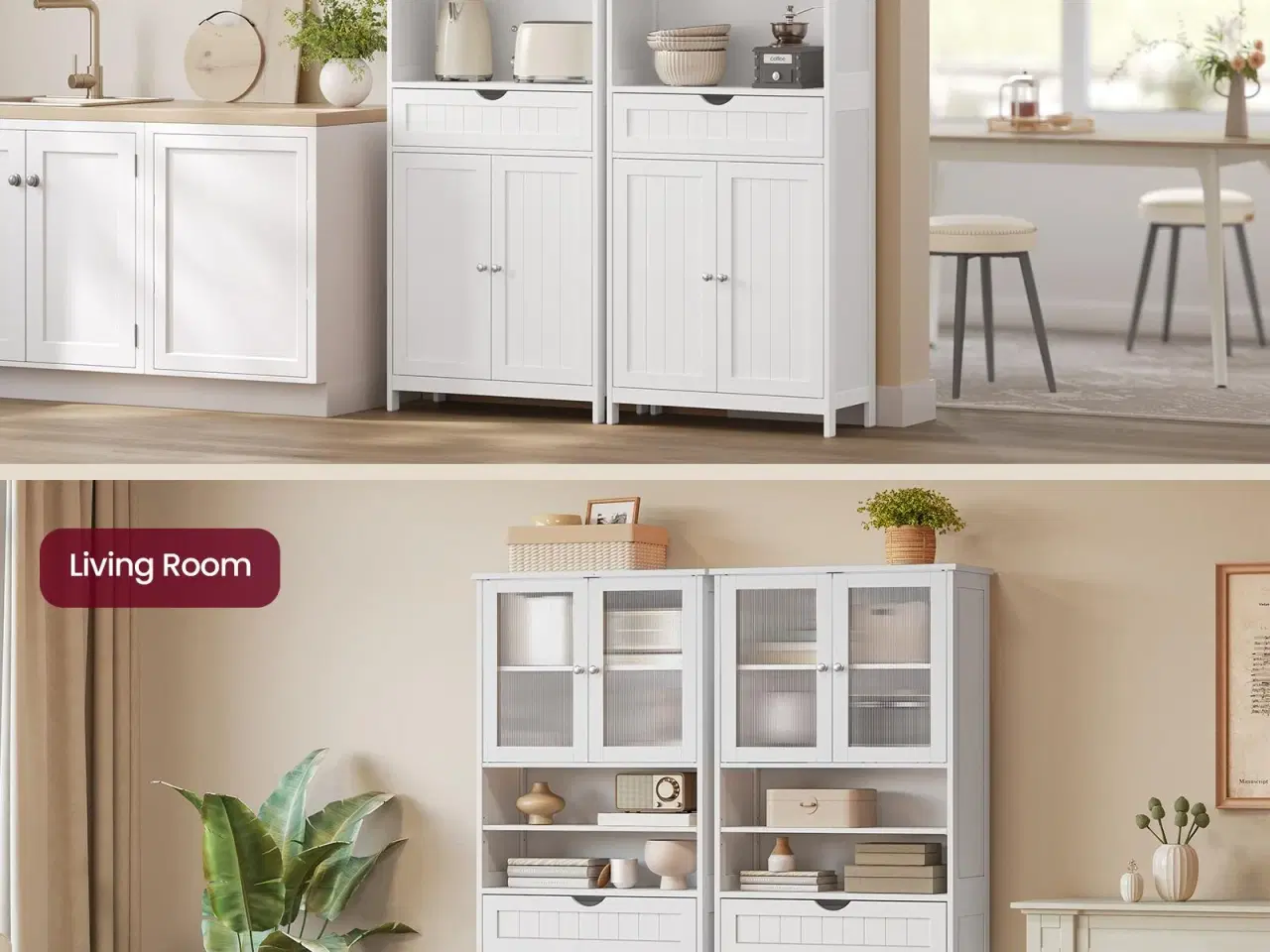 Billede 6 - Højt opbevaringsskab til badeværelse med justerbare hylder, skuffe og åbne rum – cloud hvid