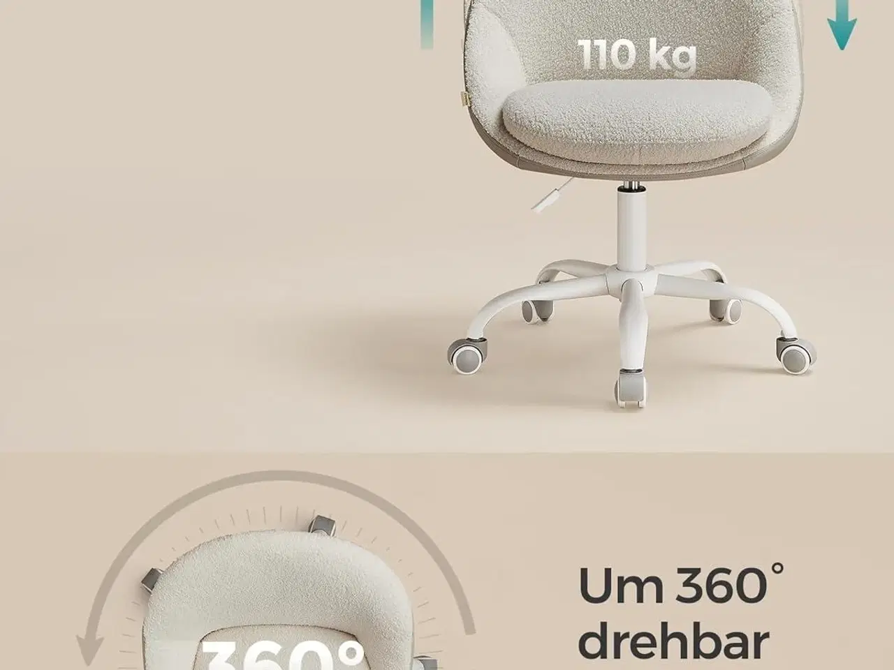 Billede 7 - Kontorstol SONGMICS sherpa – højdejusterbar drejestol til hjemmekontor og make-up, cappuccino beige/cloud hvid