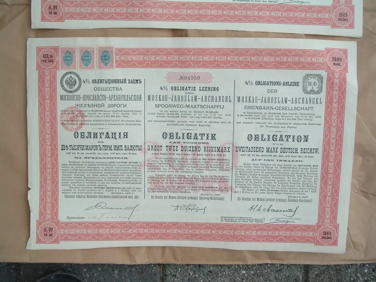 Billede 1 - Russisk Jernbaneobligation med kuponer 1897. ORIG.