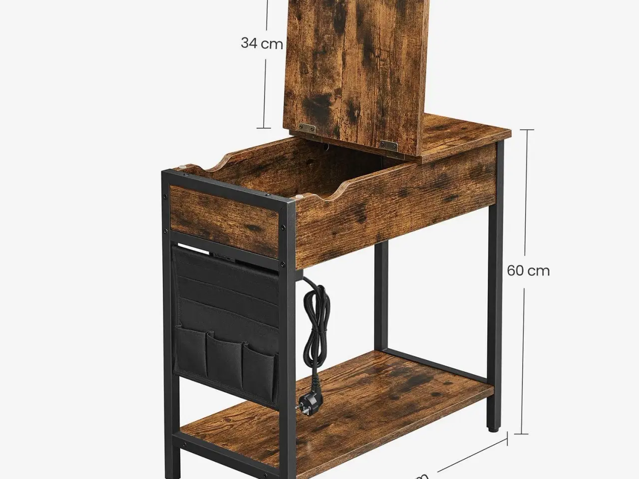 Billede 7 - Sofabord med stikkontakter sidebord, klapbord med hylde og stoflomme, vintage brun/sort