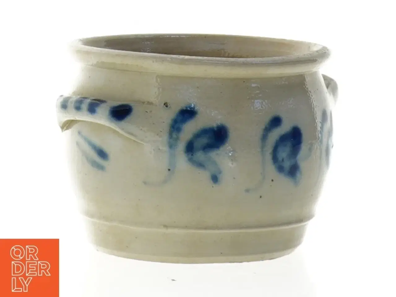 Billede 1 - Keramik krukke med blå detaljer (str. 12 x 8 cm)