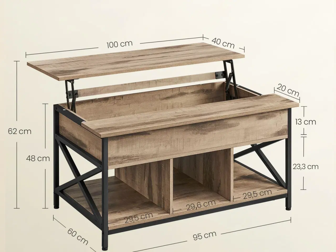 Billede 6 - Sofabord med løftelåg højdejusterbart, åben og skjult opbevaring, X-stivere, 60 × 100 × 48–62 cm, kamelbrun/sort