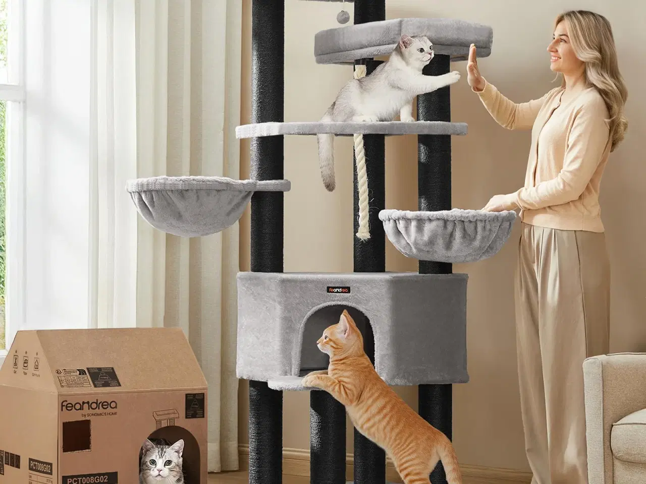 Billede 2 - Feandrea stort kattetræ XXL – multietagers kradsetræ 55 × 55 × 186,7 cm, grå/sort (PCT008G02)