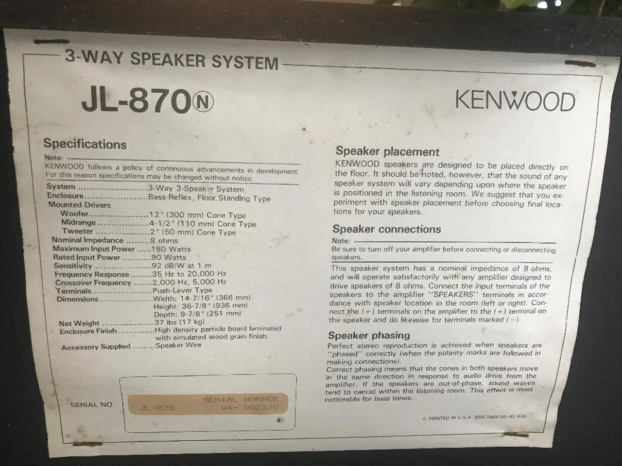 Billede 3 - Vintage Kenwood JL-870 Højtaler