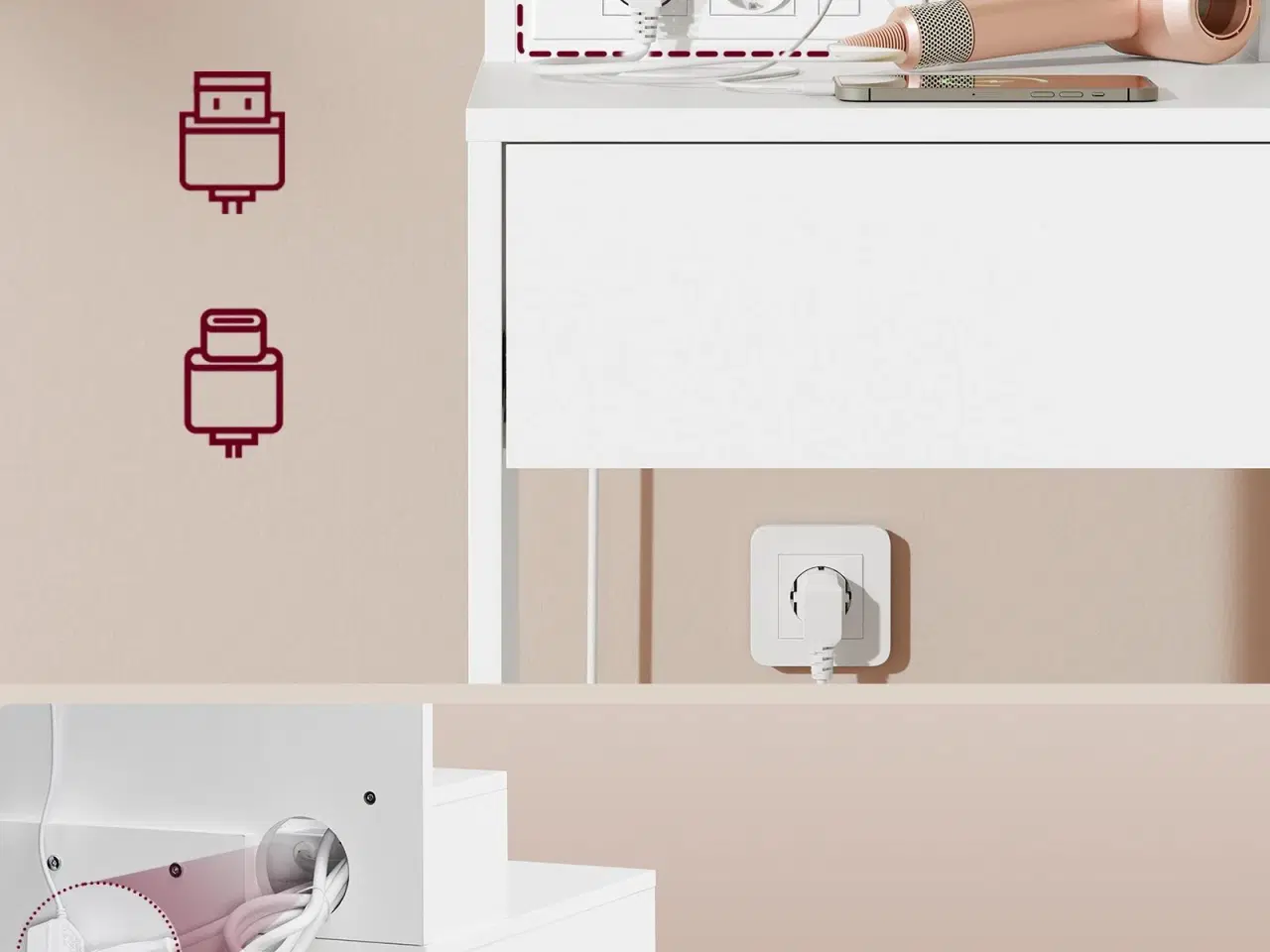 Billede 4 - Toiletbord med LED-spejl og strømudtag – skuffe, åbne hylder og skab med 2 justerbare hylder, hvid (Kailyn, RDT138W01)