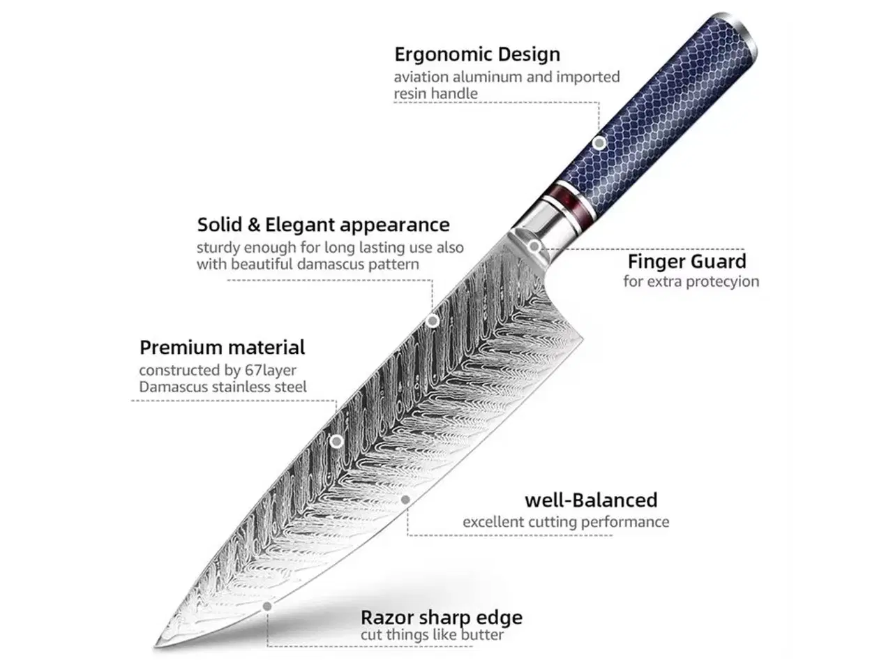 Billede 2 - Køkkenknivsæt udført i 67 lags Damaskus stål.