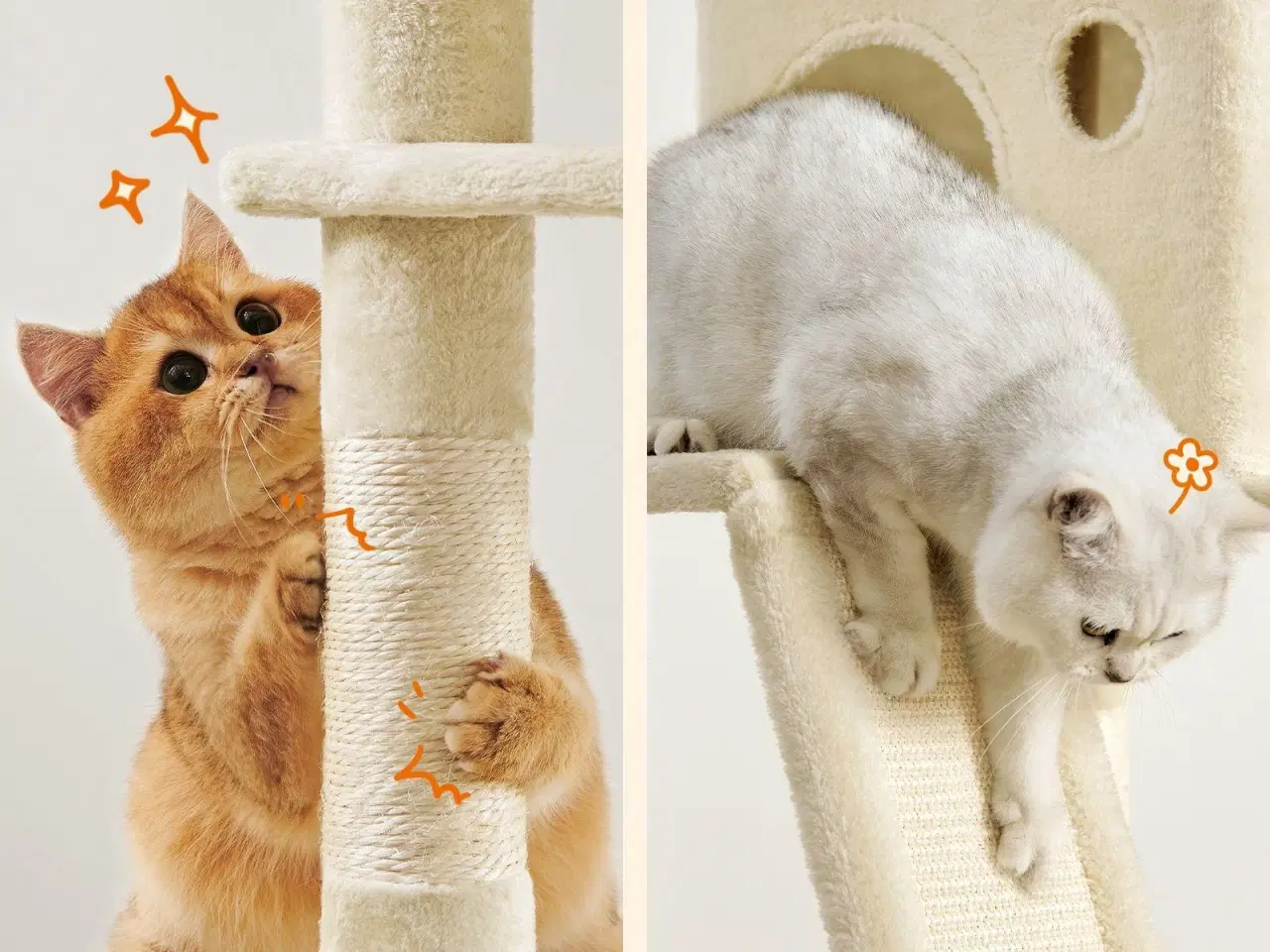 Billede 5 - Klatretræ til kat Feandrea, XXL kradsetræ 206 cm, 13 kradsepæle, 2 platforme, 2 huler, hængekøje og kurv, beige