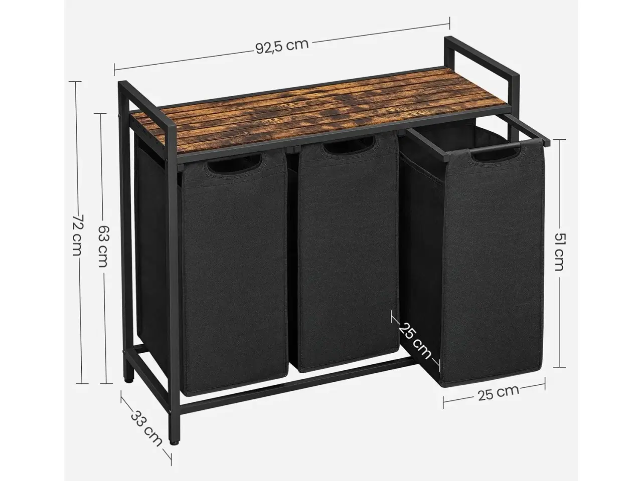 Billede 7 - Vasketøjssorterer med 3 poser og hylde – VASAGLE, rustik brun/sort, 38 l pr. pose
