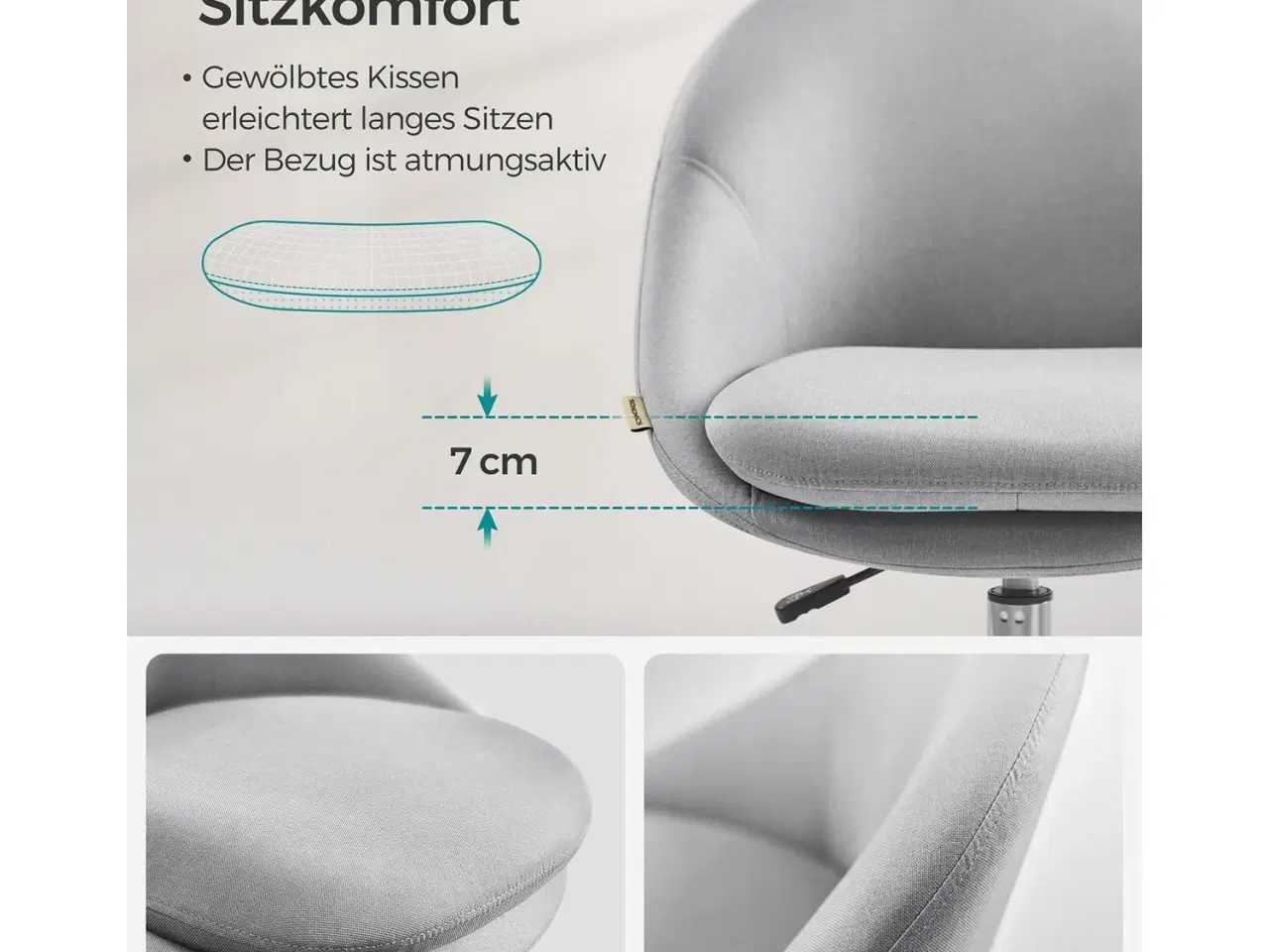 Billede 4 - Kontorstol SONGMICS – drejestol uden armlæn, højdejusterbar, grå