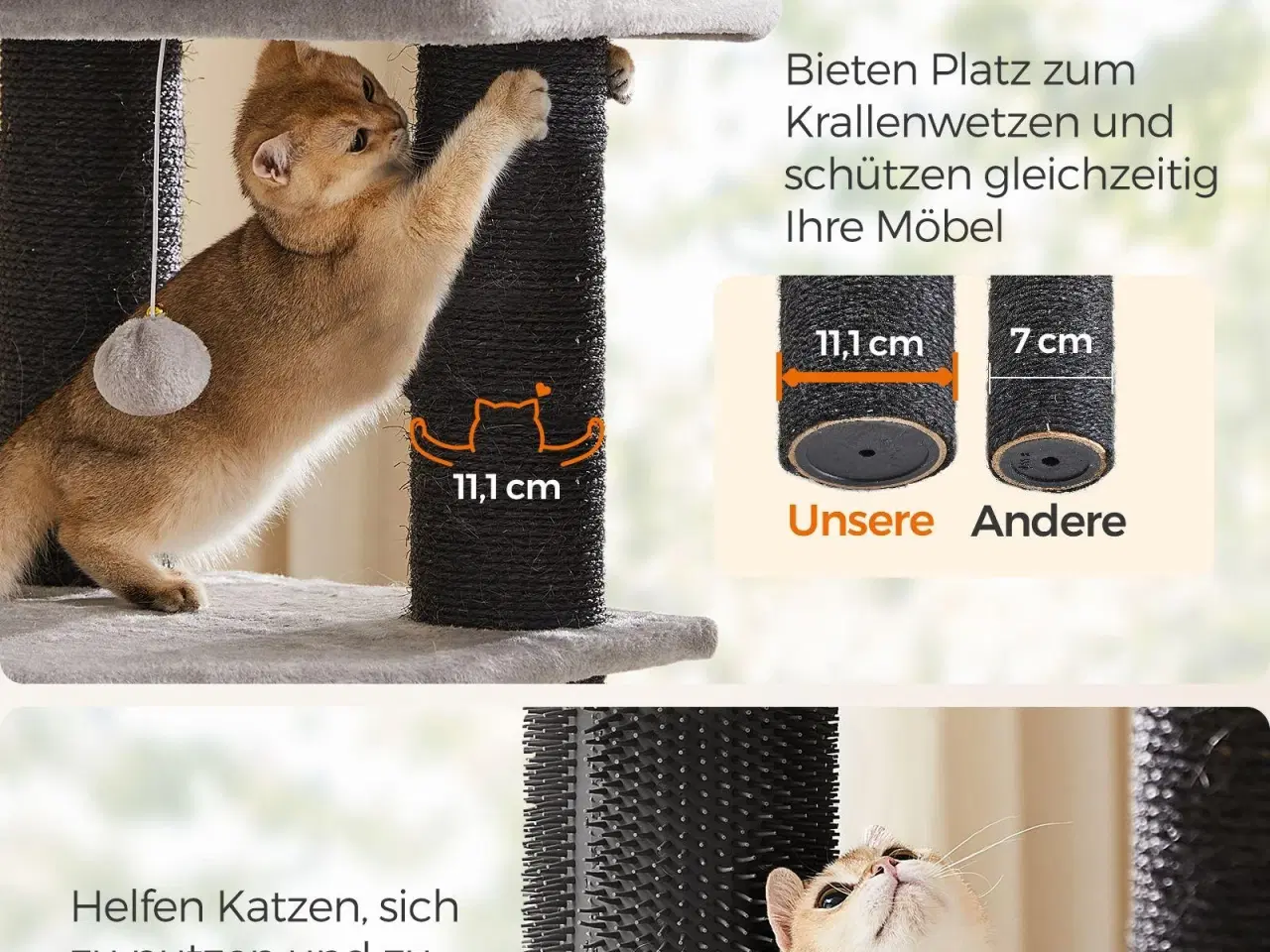 Billede 5 - Kattetræ til store katte – FEANDREA, robust kradsetræ med selvopvarmende puder, 2 selv-plejere, 9 kradsepæle, stor liggeplads, hule og kurve, 50 × 50 × 160 cm, duegrå/sort