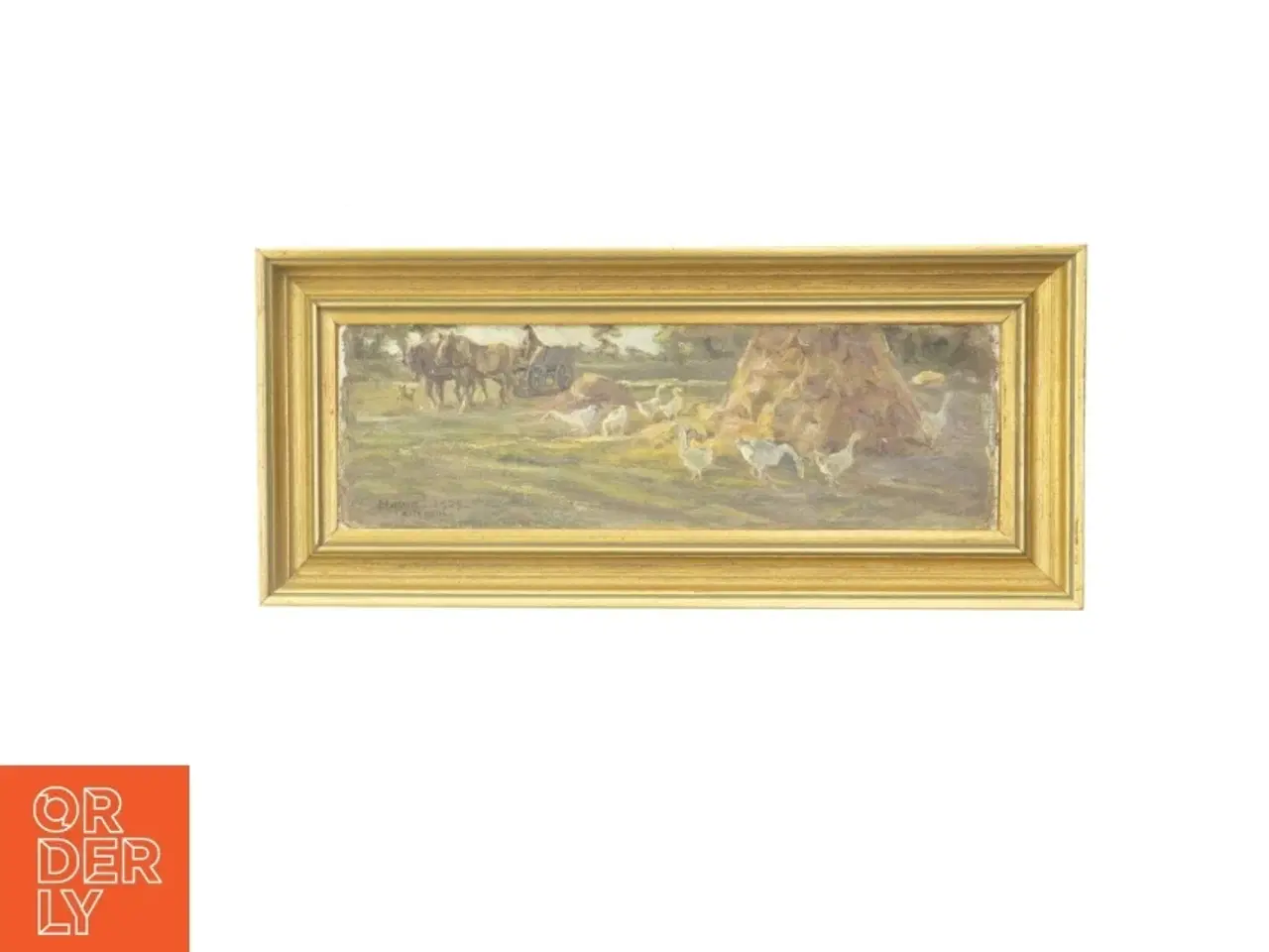 Billede 1 - Landskabsmaleri med hestevogn og høns (str. 43x19 cm)