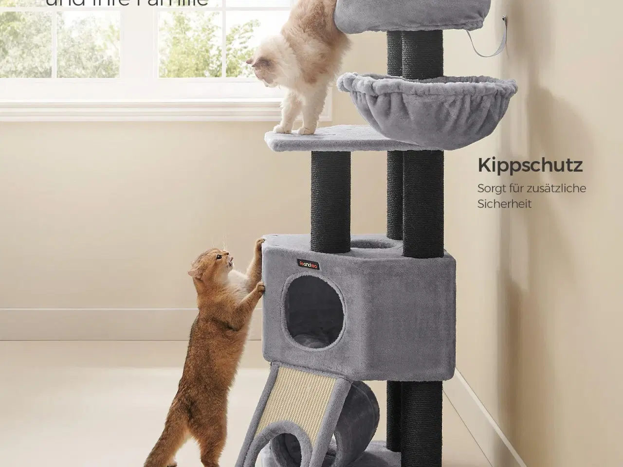 Billede 7 - Kattetræ – FEANDREA stort kradsetræ med blød plys-kurv, hule og hængekøje, ekstra tykke sisalstolper, stabilt – lysegrå PCT02W
