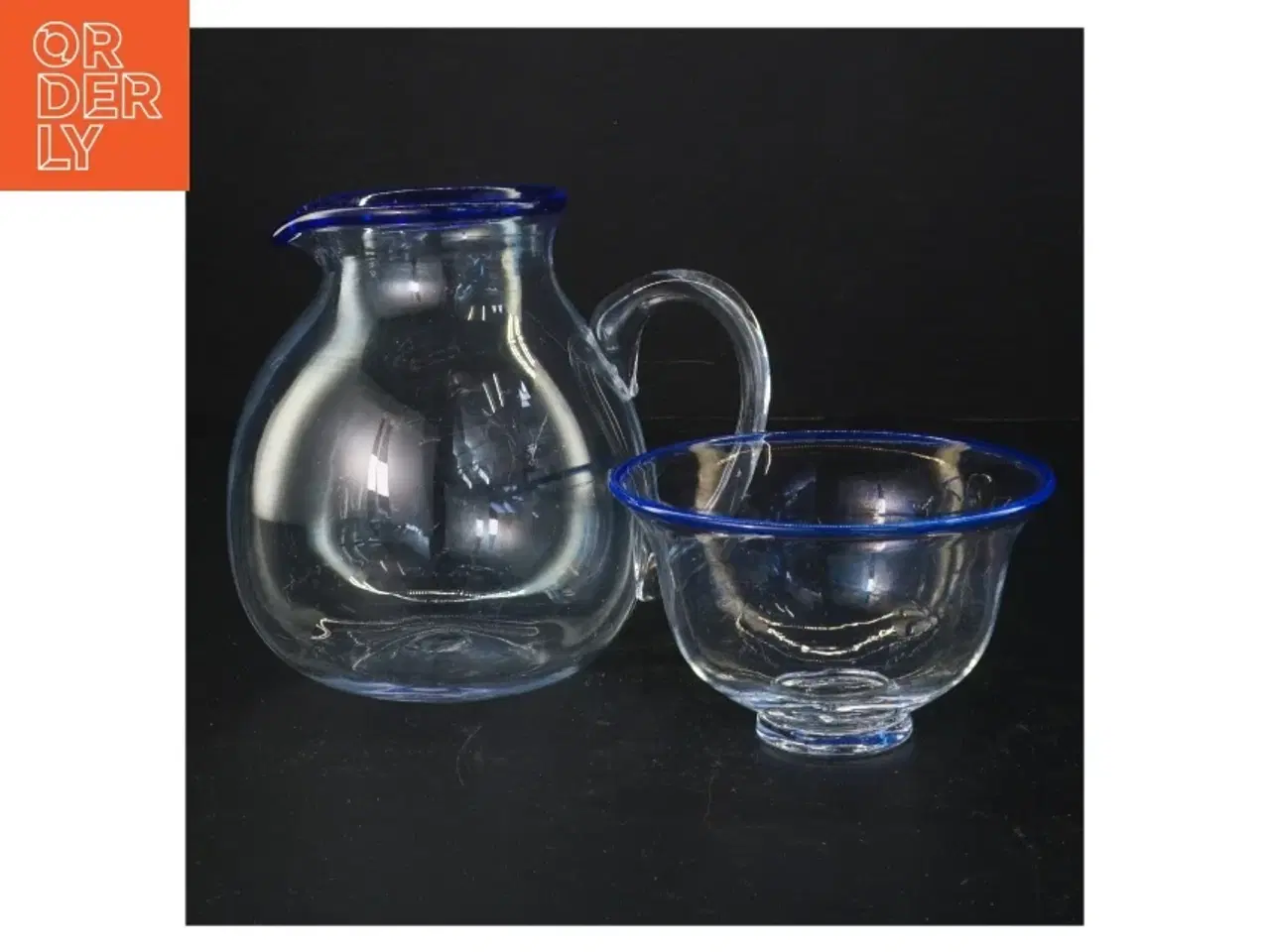 Billede 1 - Glaskande og skål med blå kant (str. 14 og 8 cm)