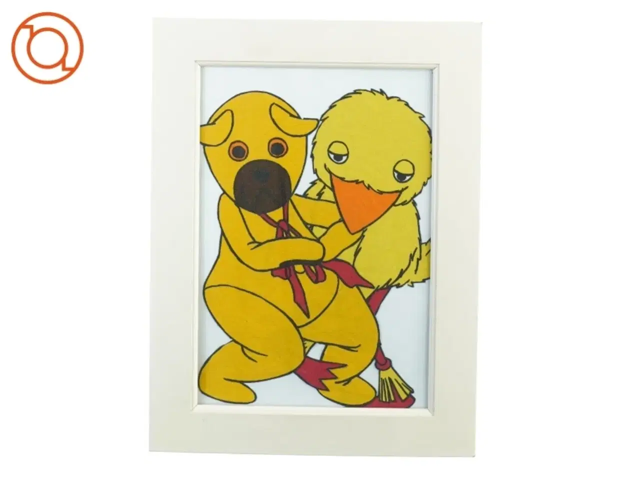 Billede 1 - Stofbillede af Bamse og kylling i hvid ramme