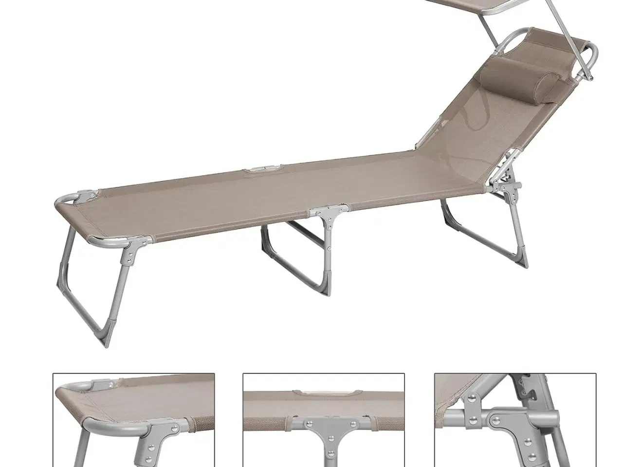 Billede 7 - Solseng med nakkepude og solskærm – justerbar, foldbar, taupe 53 × 193 × 29,5 cm (150 kg)