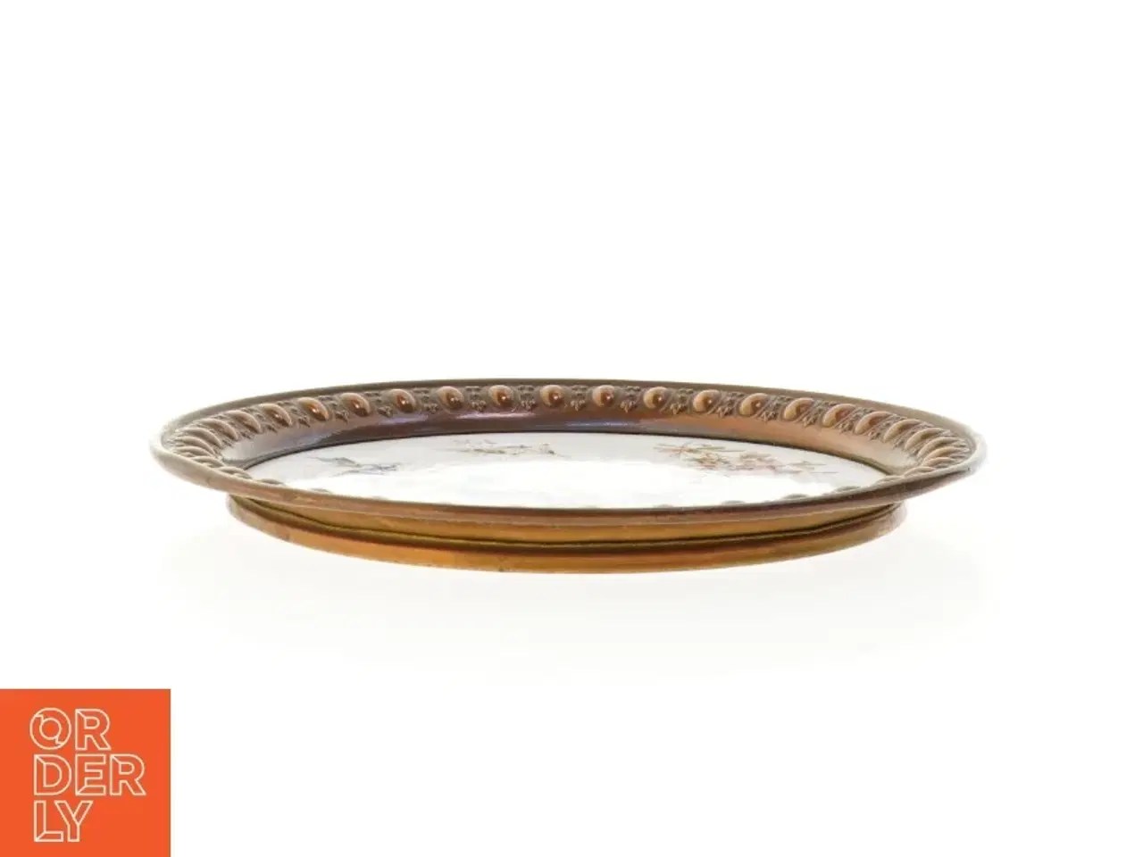 Billede 2 - Dekorativ porcelæns tallerken med kobber kant (str. 31 x 2,5 cm)