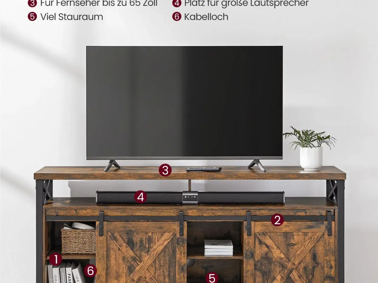 Billede 6 - TV-bord til 65" justerbare hylder, skydelåger i lade-stil, industrielt design, metalstel, rustik brun/sort