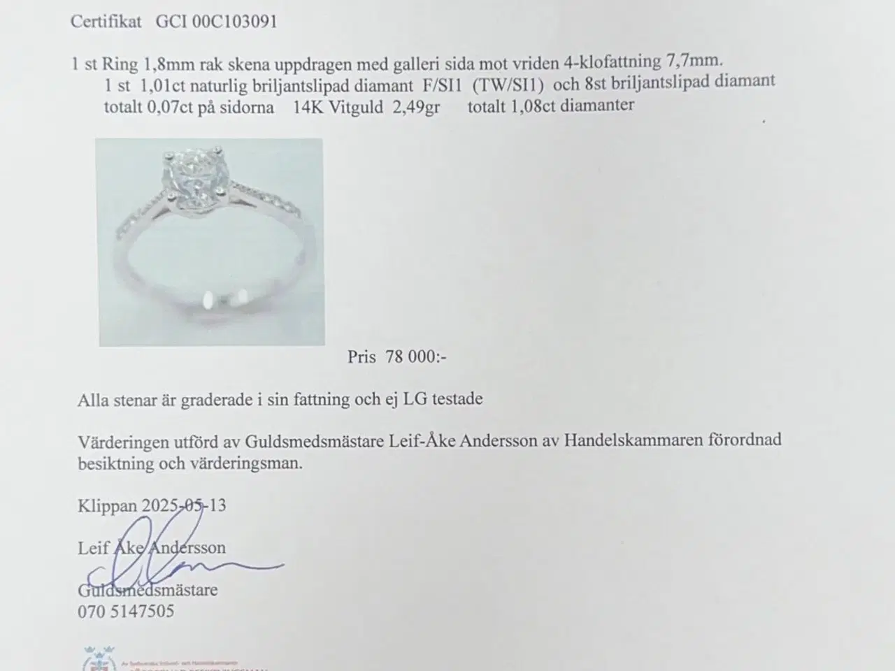 Billede 7 - Naturlig Diamantring 1.08ct