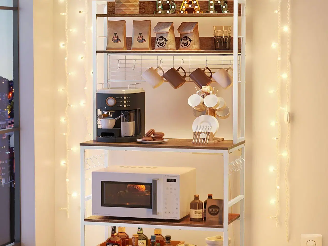 Billede 3 - Køkkenreol med stikdåse mikrobølgeovnshylde med gitter, 14 kroge, 40 × 80 × 170 cm, vintage brun/hvid