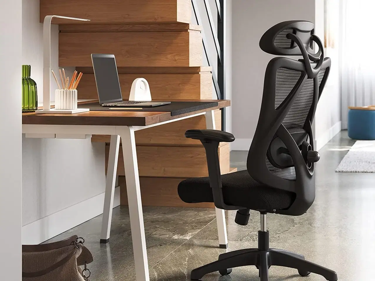 Billede 7 - Kontorstol med net ergonomisk skrivebordsstol, justerbar lændestøtte og nakkestøtte, 150 kg, højdejusterbar, sort (OBN063B01)