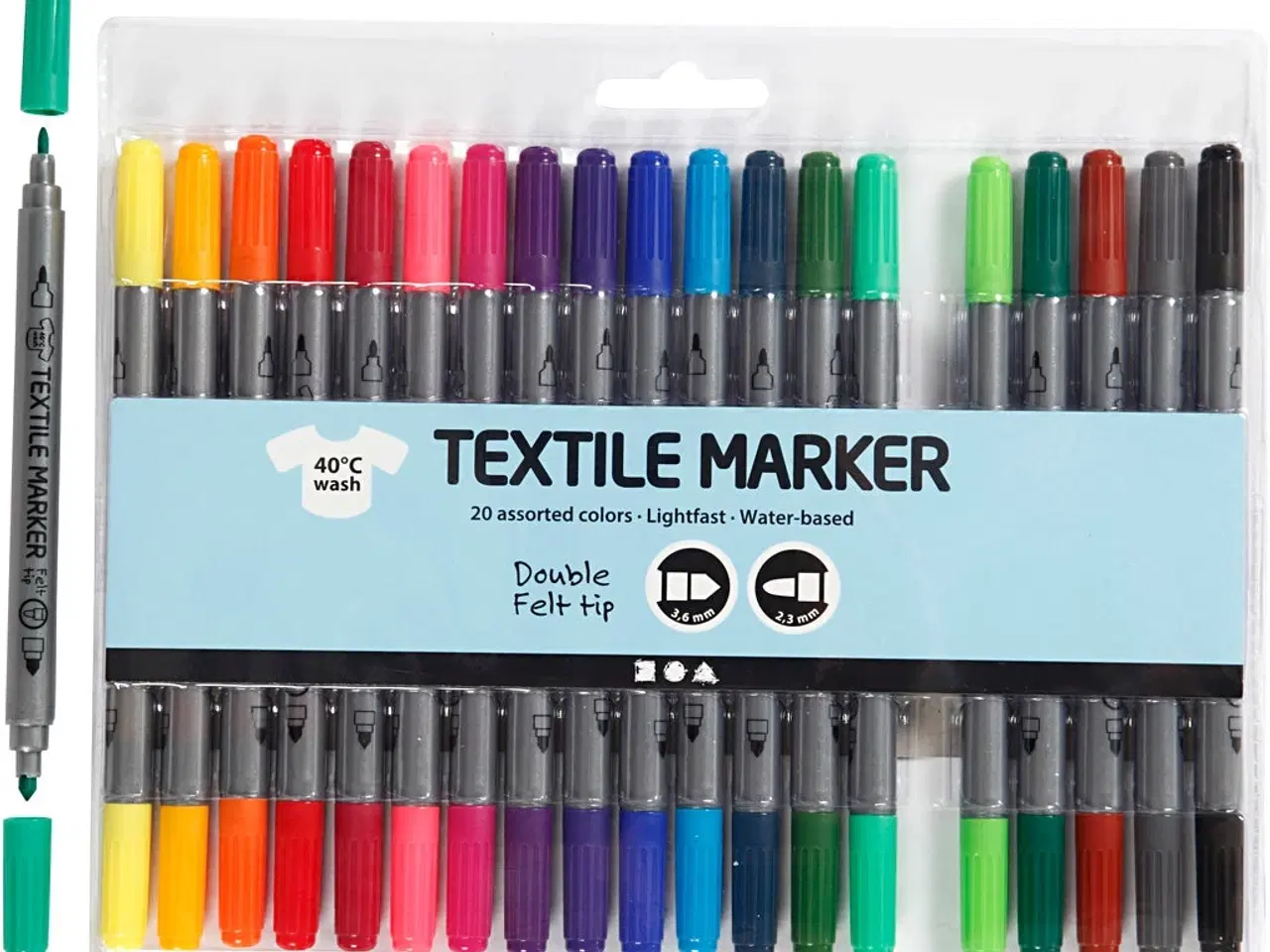 Billede 1 - Tekstiltusch, streg 2,3+3,6 mm, standardfarver, 20stk./ 1 pk.
