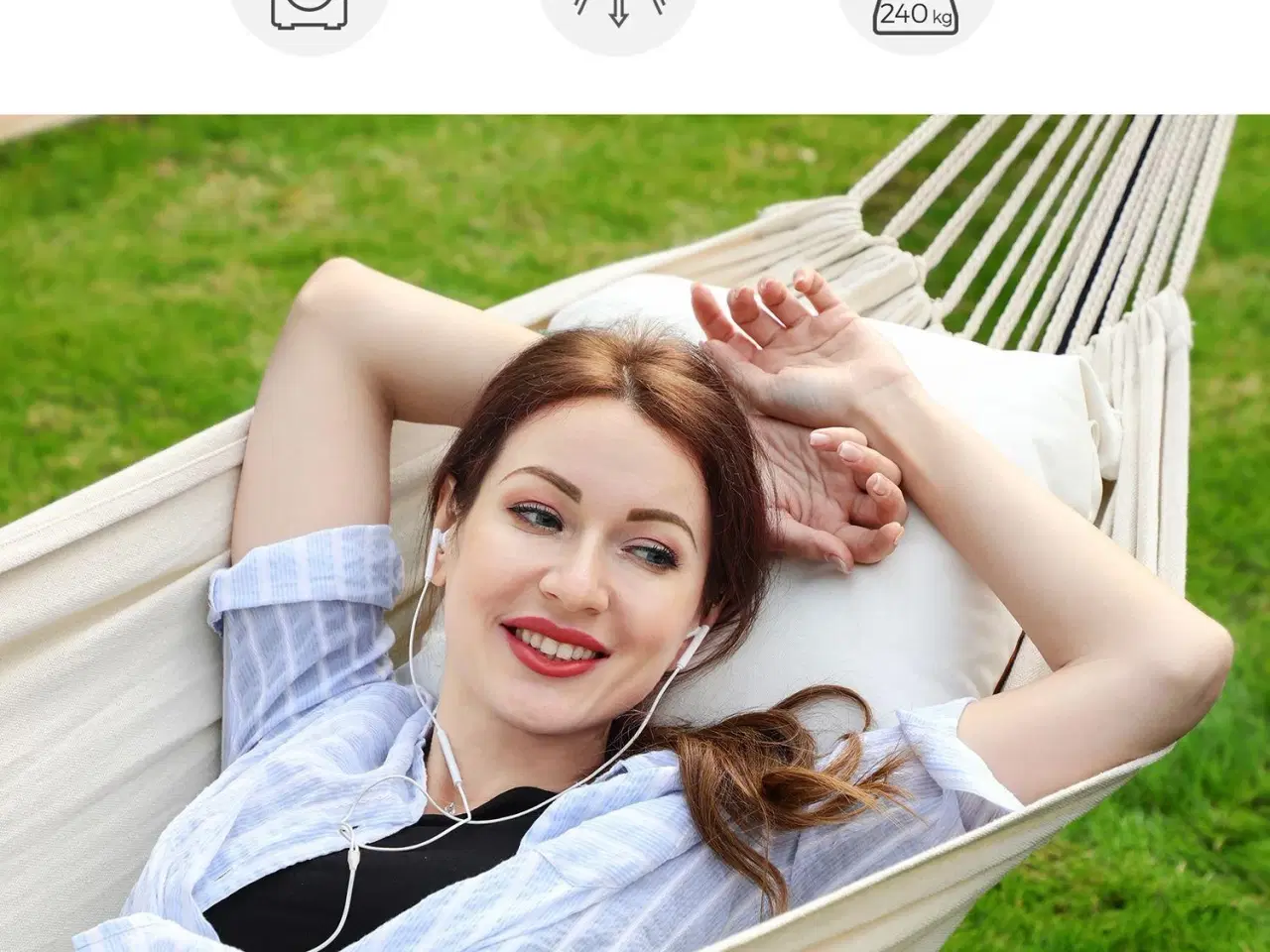 Billede 4 - Hængekøje med stativ – 210 × 150 cm, 5 højder, metalramme, 240 kg – sort stativ og beige hængekøje