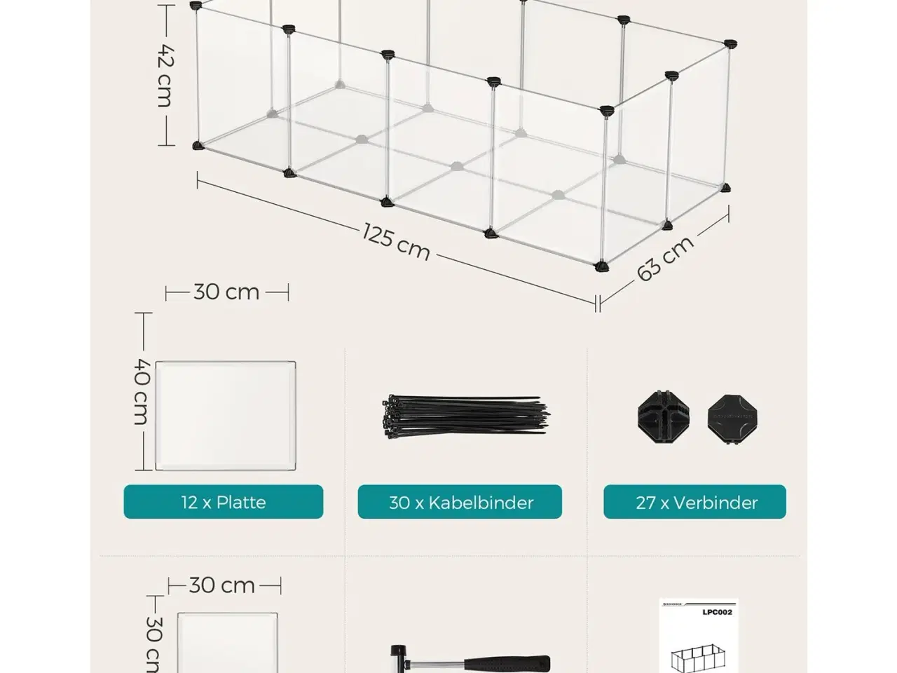 Billede 6 - Kæledyrs løbegård med bund indendørs modulær plastikbur til smådyr, hvid, 125 × 63 × 42 cm (LPC001W01)