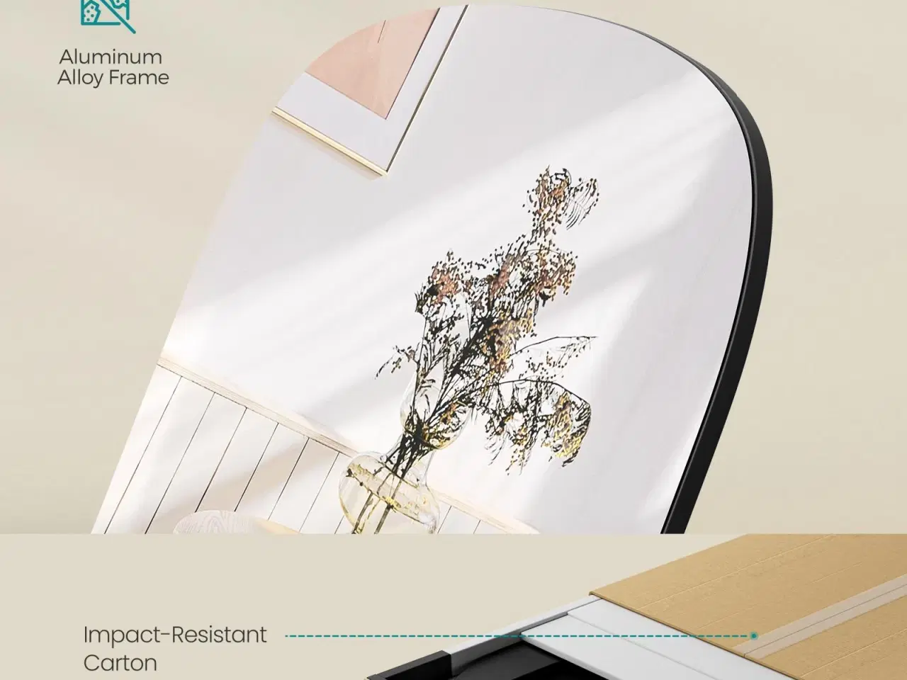 Billede 6 - Fuldfigur gulvspejl 160 × 50 cm – buet rektangel med støtteben, hærdet glas, aluminium – blæk-sort