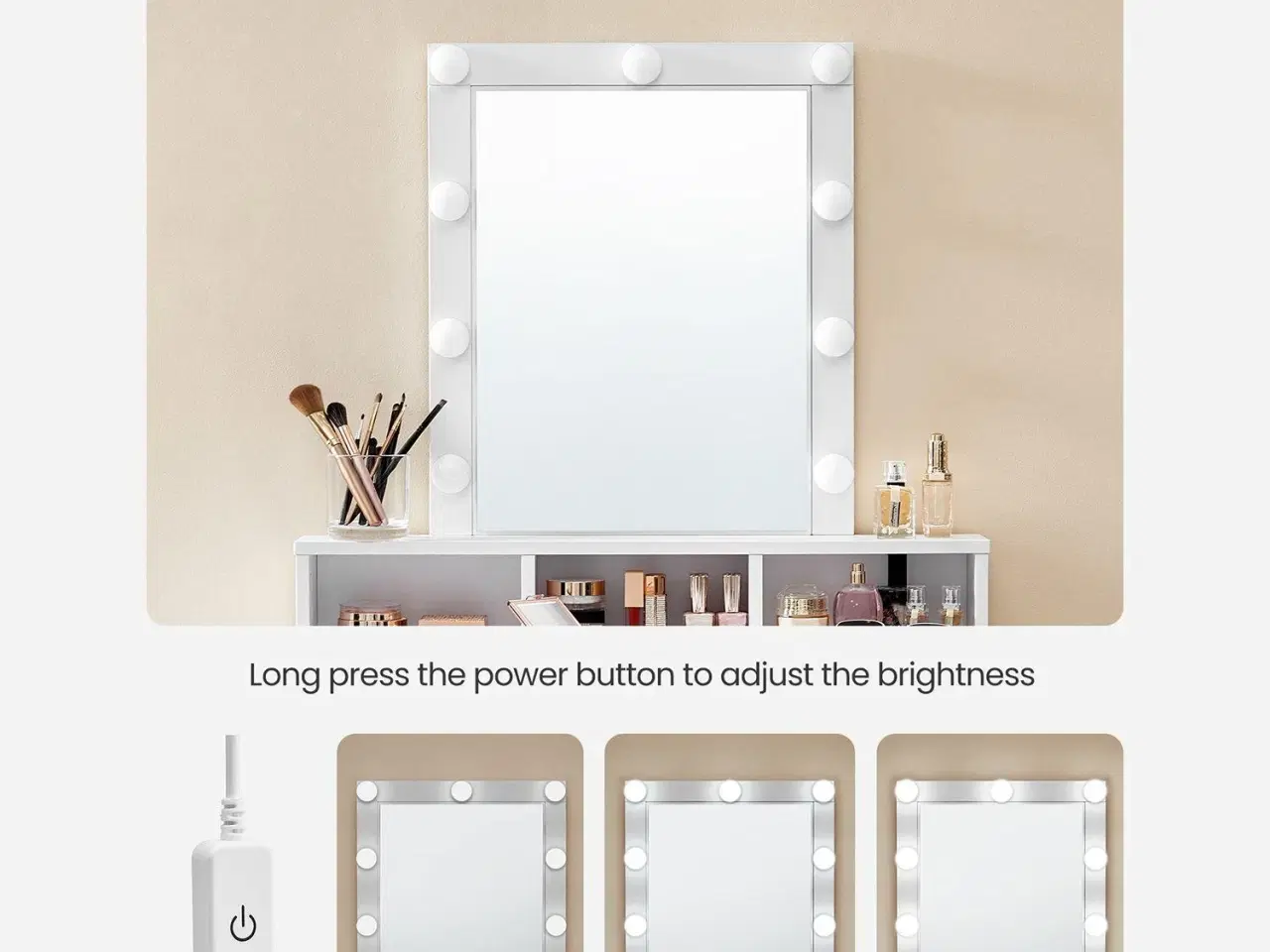 Billede 4 - Toiletbord med spejl og lys 2 skuffer, 3 åbne rum, hvid