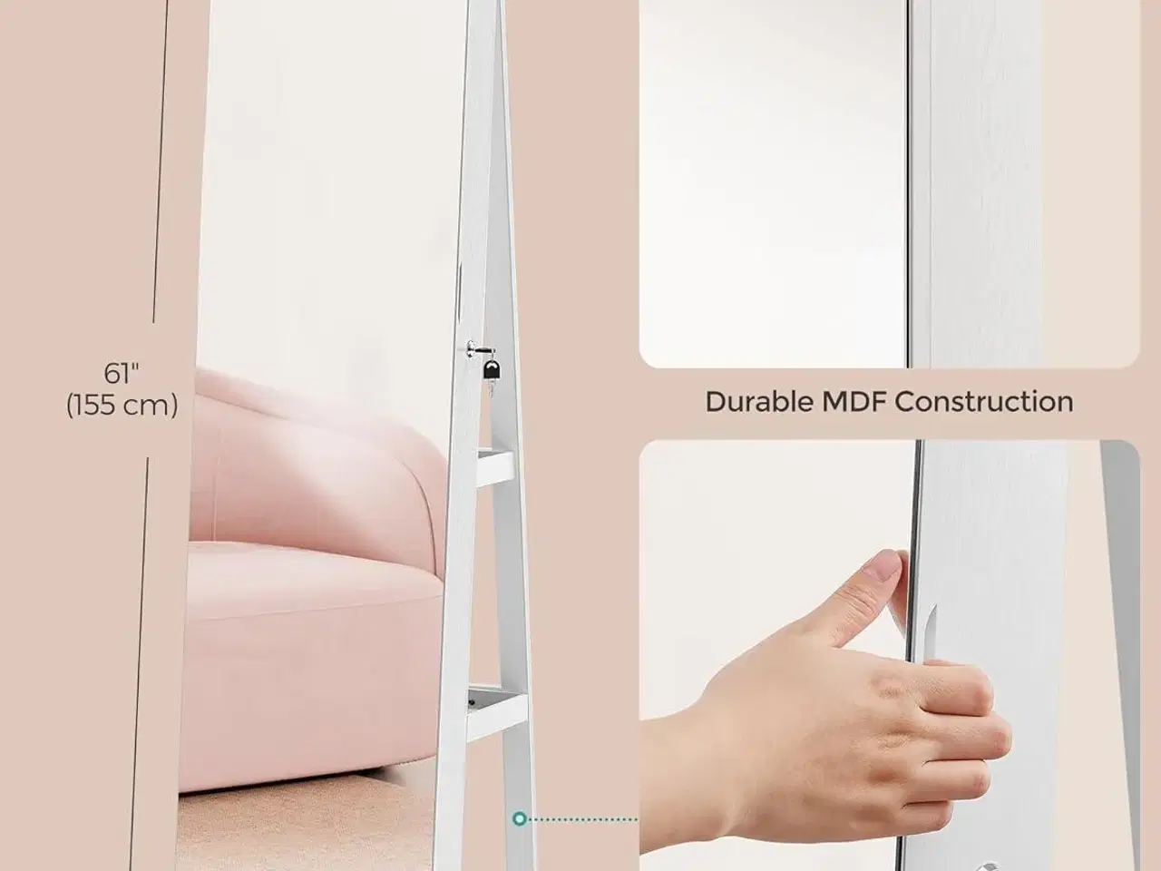 Billede 7 - Spejl-smykkeskab med 6 LED, låsbart – fritstående 360° drejefunktion, rammeløst helkropsspejl, 3 opbevaringshylder – hvid/greige