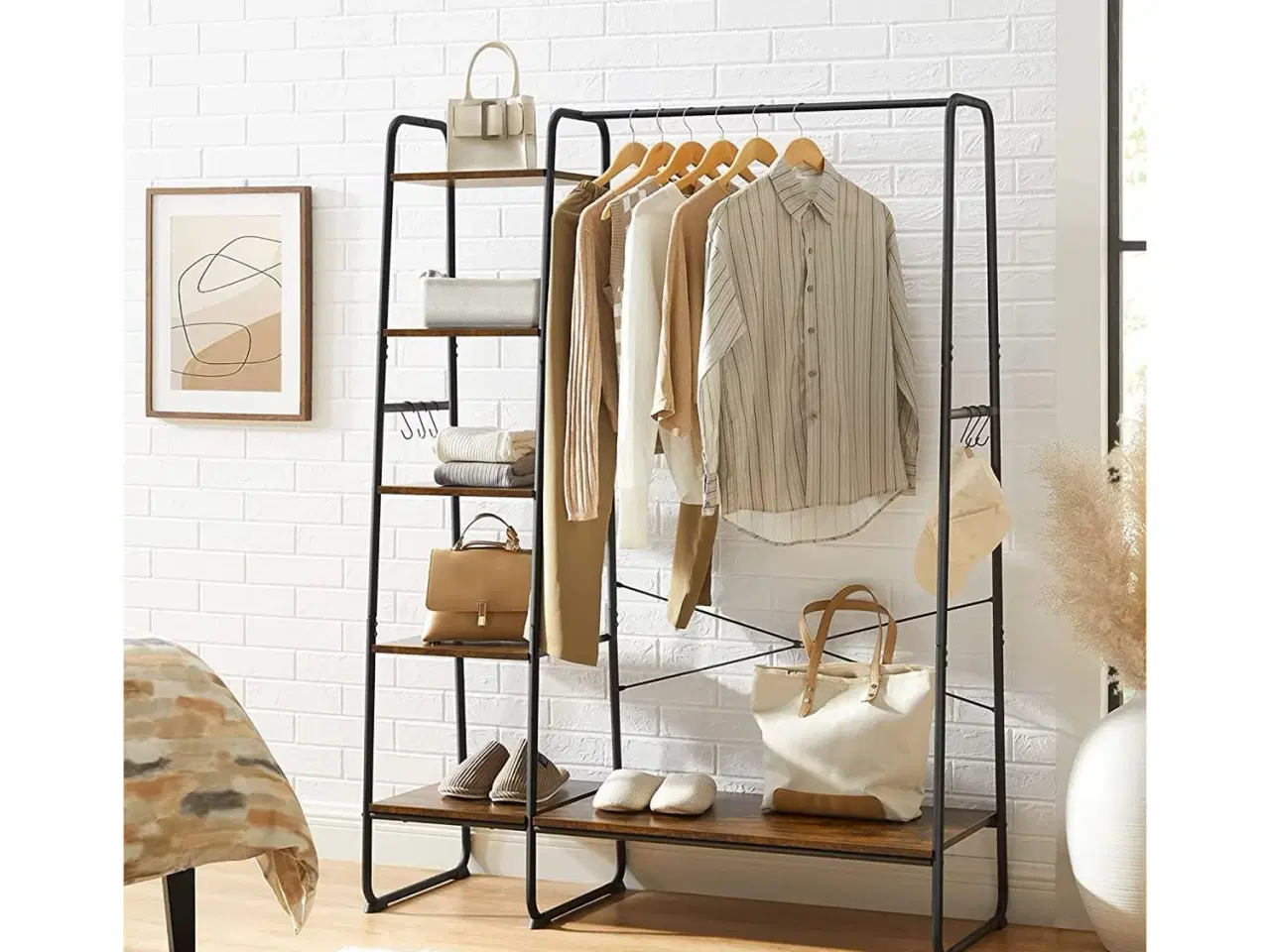 Billede 2 - Tøjstativ med hylder VASAGLE – 5 niveauer, skohylde, 6 sidekroge, rustik brun/sort