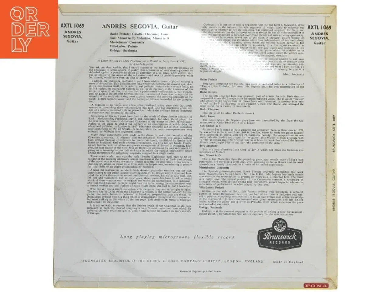 Billede 2 - Andrés Segovia LP - Bach Chaconne