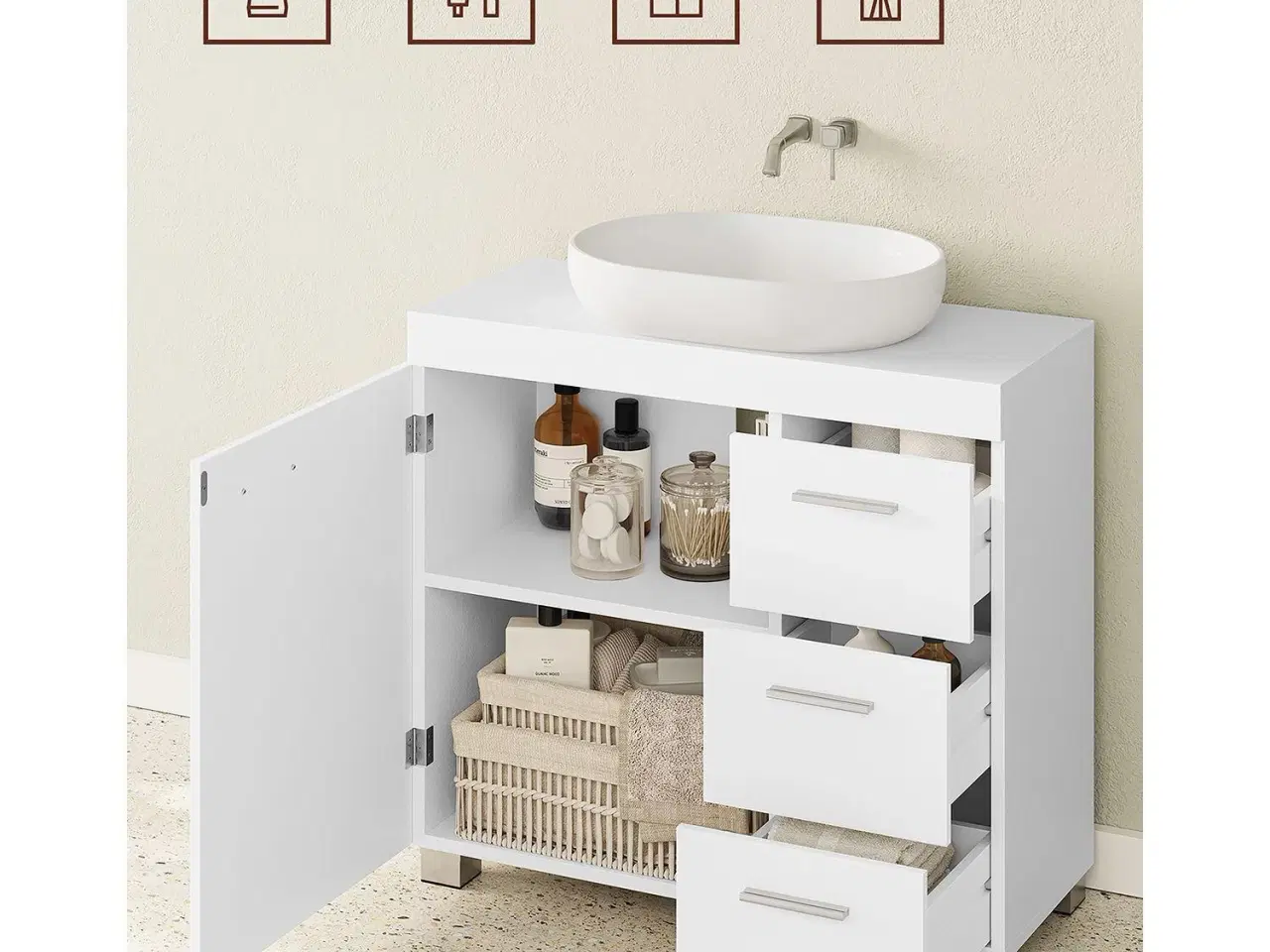 Billede 3 - Badeværelsesskab med skuffer 3 store skuffer, 2 rum bag låge, med ben, 30 × 70 × 64 cm, hvid