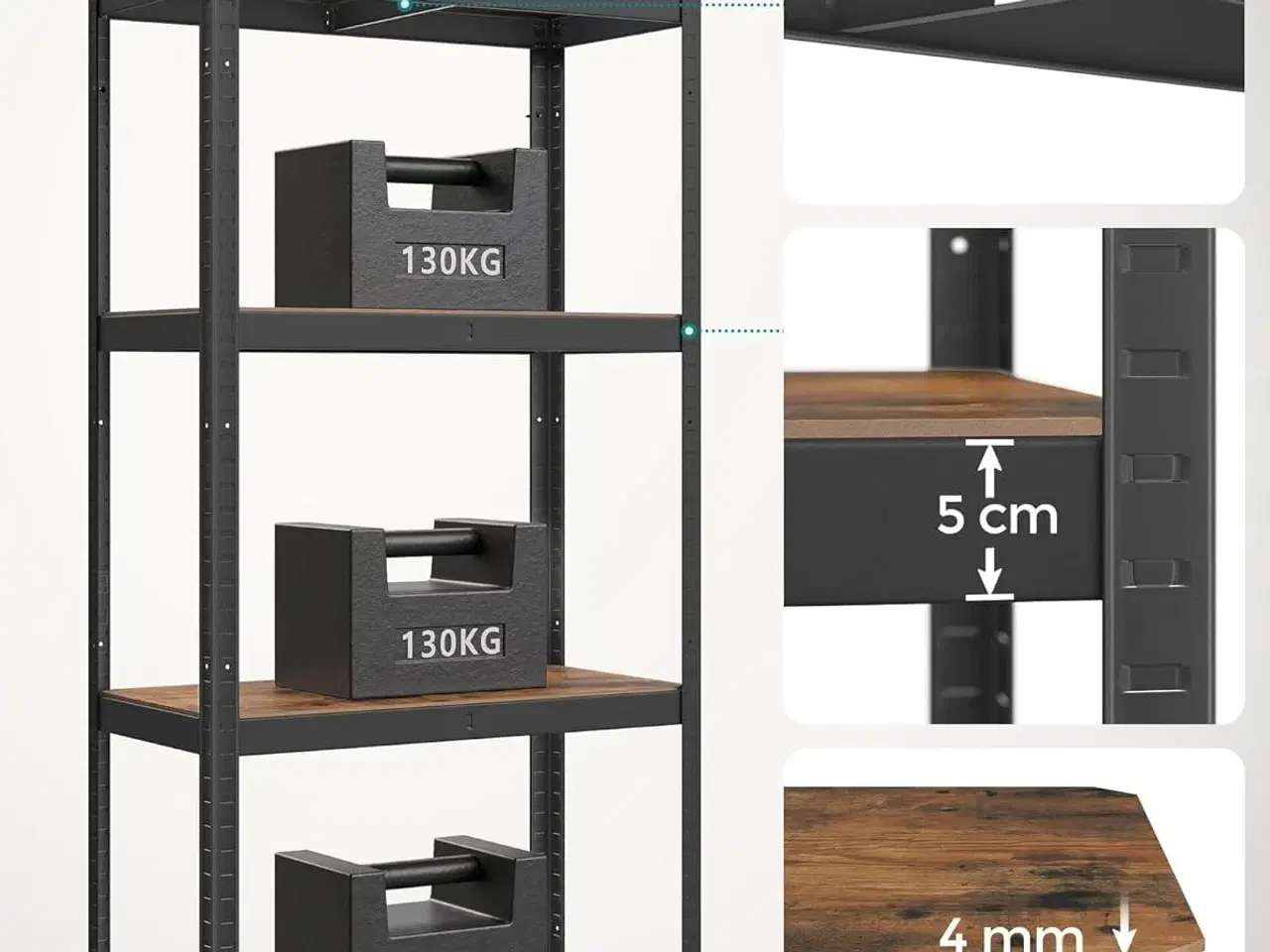 Billede 4 - Reol med hylder 40 × 80 × 160 cm, 520 kg bæreevne, industrielt look, justerbare opbevaringshylder, rustik brun/sort (GLR044B11)