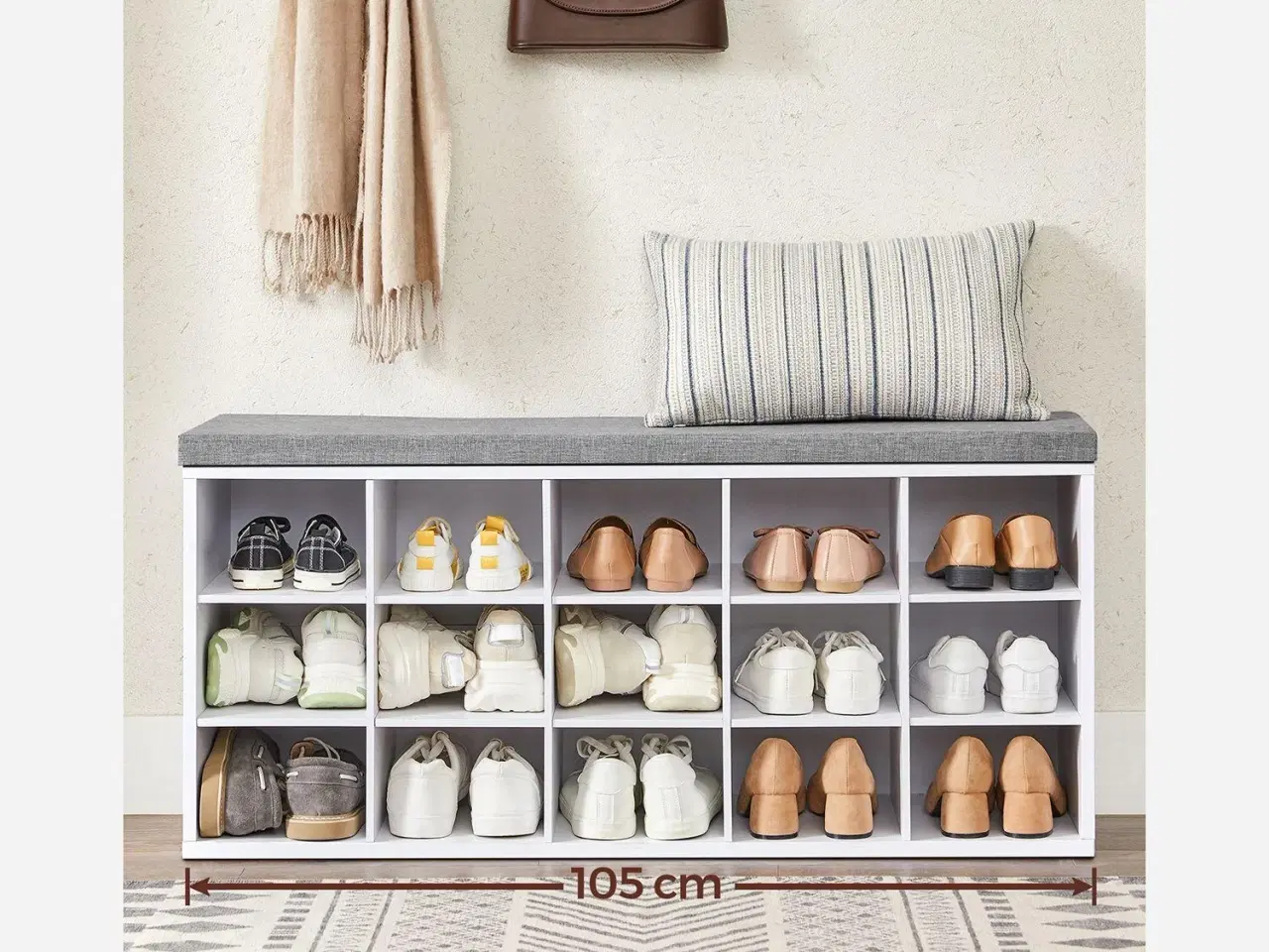 Billede 5 - Skobænk med sæde og 15 rum – hvid/grå opbevaringsbænk til entré, max 200 kg