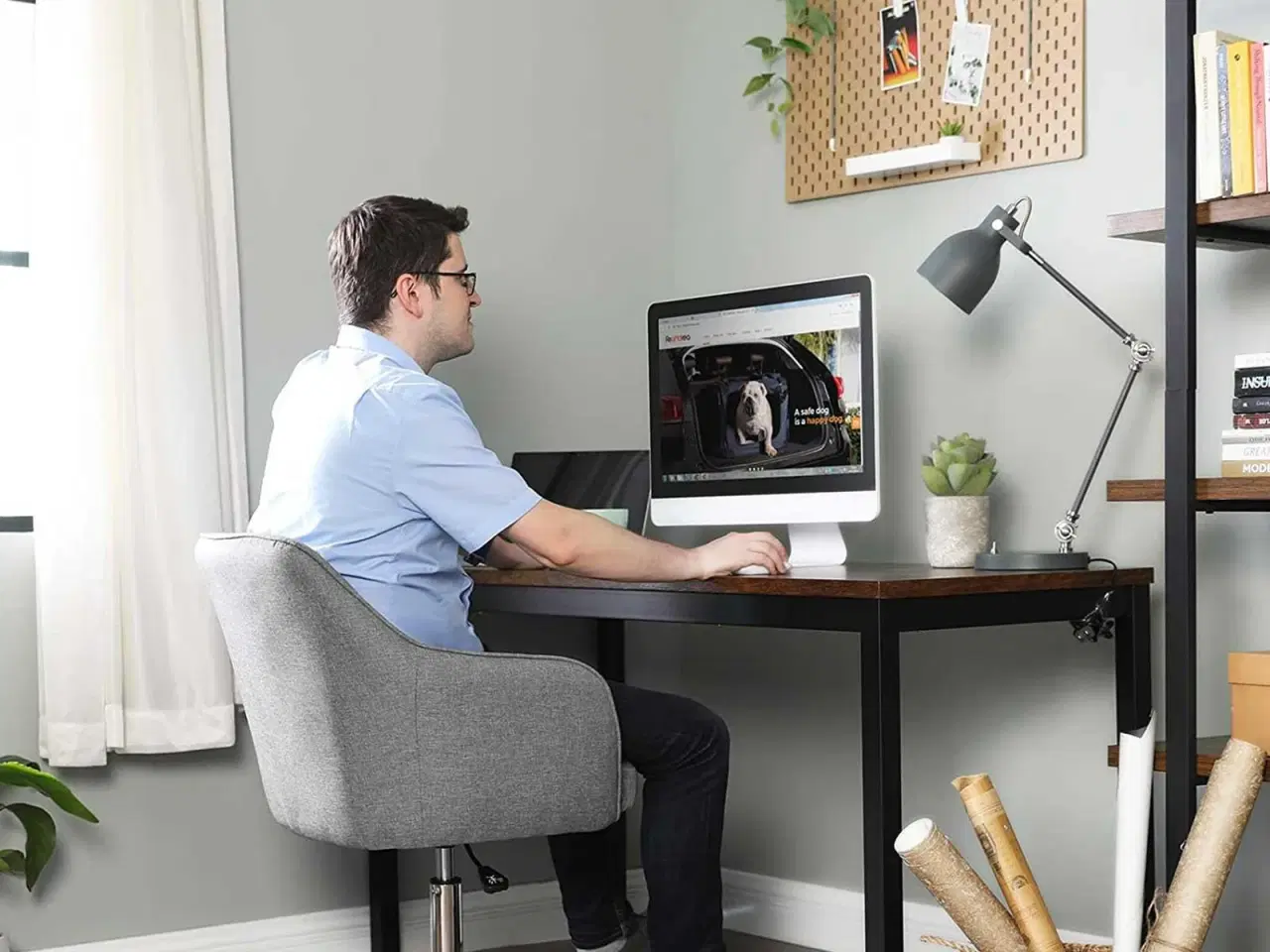 Billede 3 - Kontorstol i imiteret hør – højdejusterbar drejestol med armlæn, grå