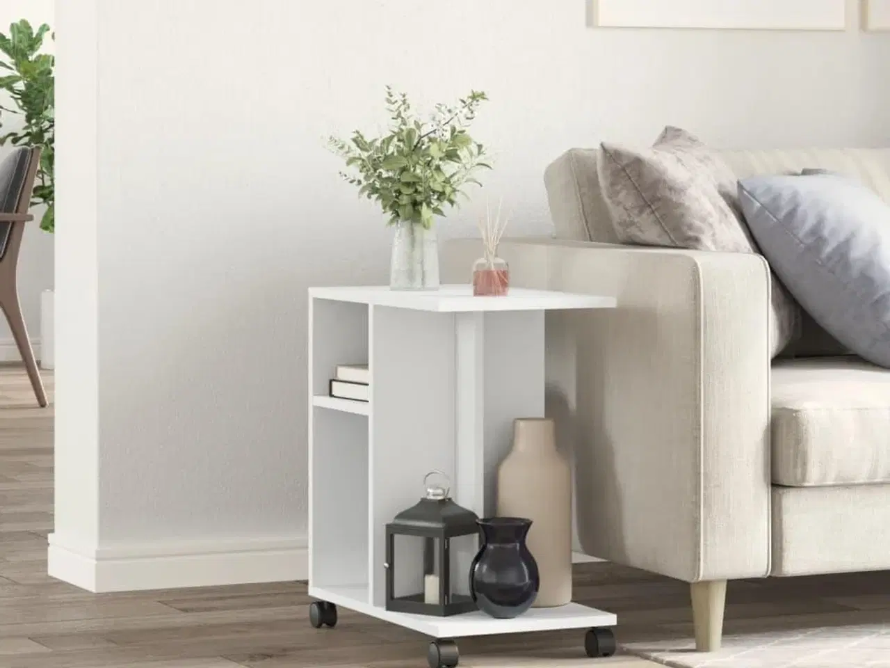 Billede 3 - Sidebord med hjul 50x30x55 cm konstrueret træ hvid