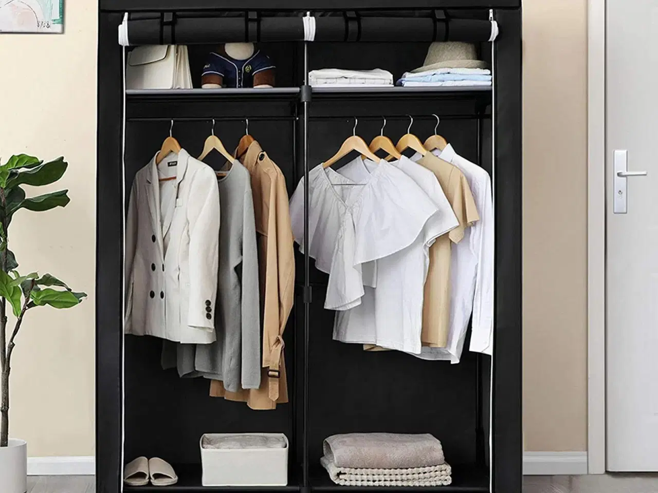 Billede 3 - Garderobeskab stof tøjskab med 2 bøjlestænger, sammenklappeligt, 140 × 43 × 174 cm, sort