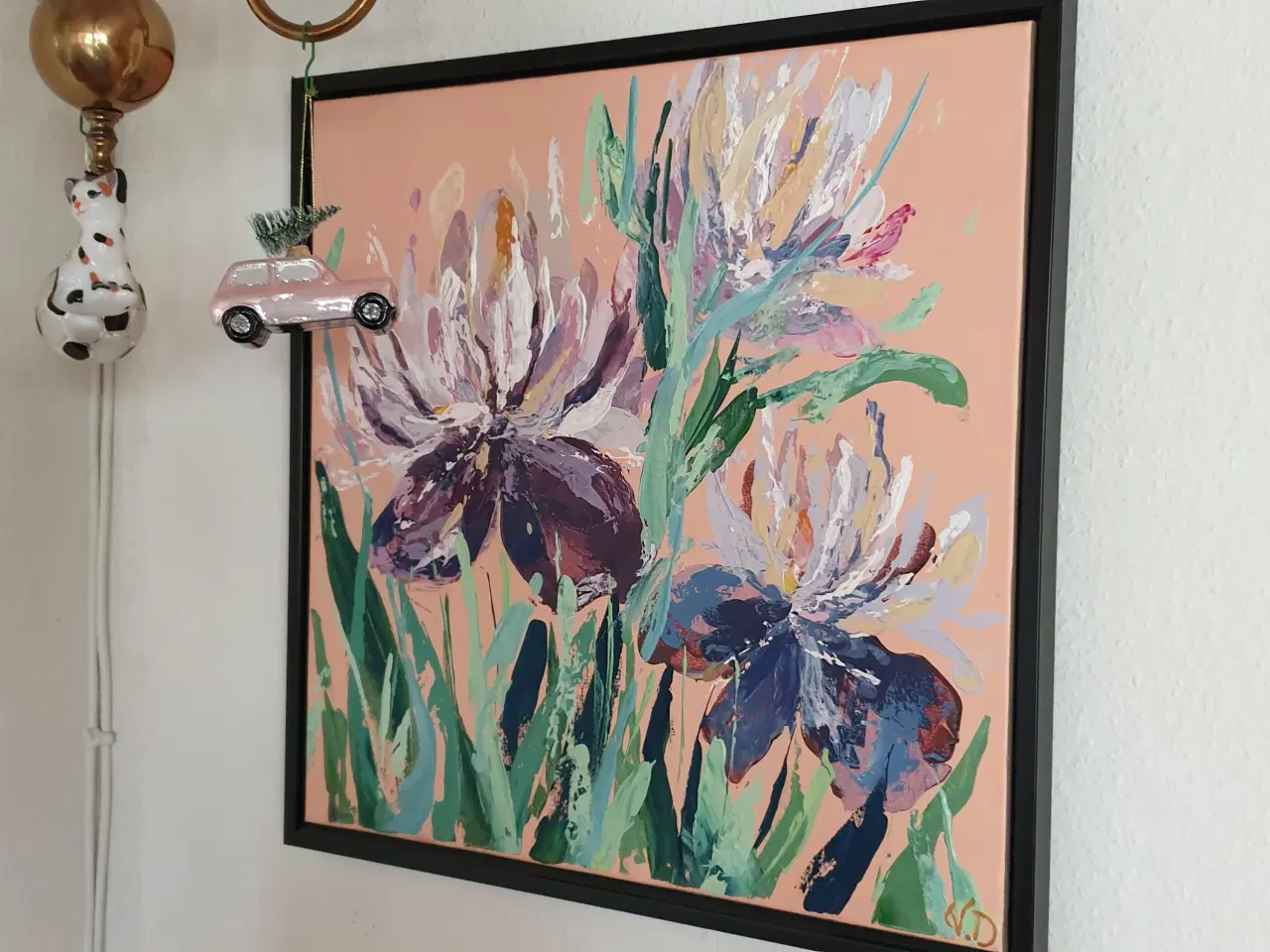Billede 1 - Maleri blomster i sort svæveramme 53x53