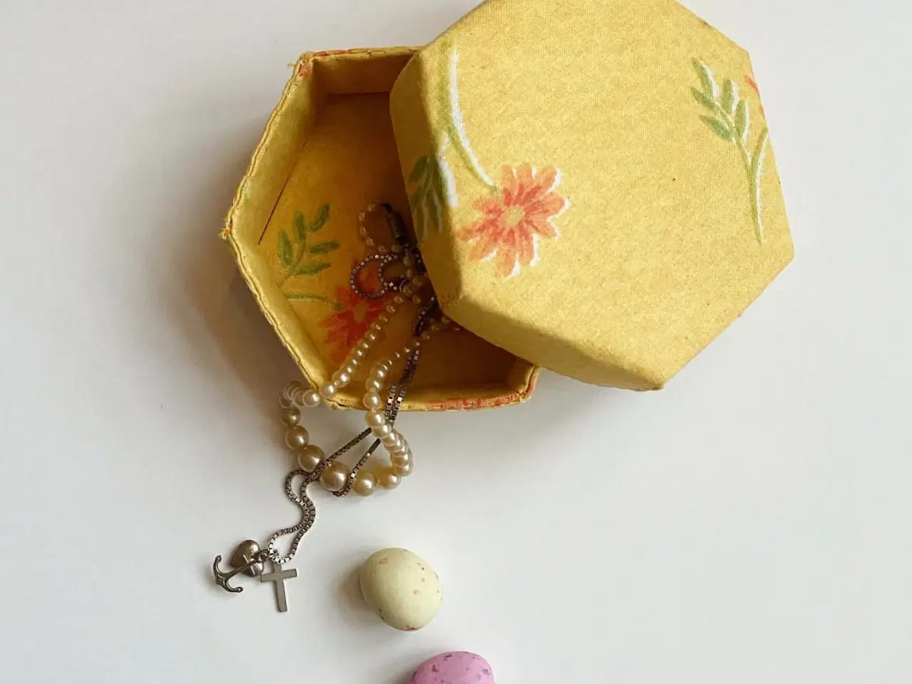 Billede 1 - Stofæske, gul m orange blomster