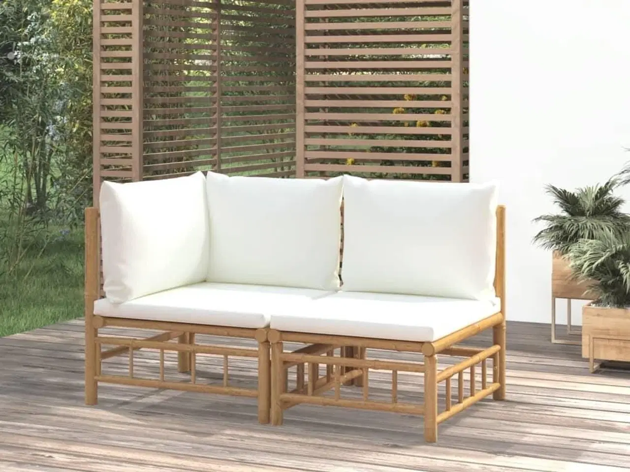 Billede 1 - Loungesæt til haven 2 dele med cremehvide hynder bambus