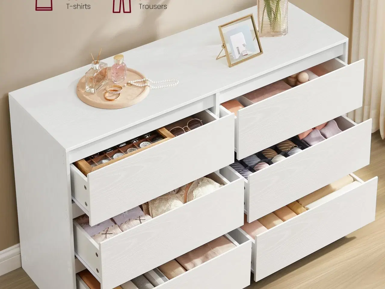 Billede 3 - Kommode med 6 skuffer – moderne opbevaringsskab, 40 × 119,4 × 75 cm, hvid