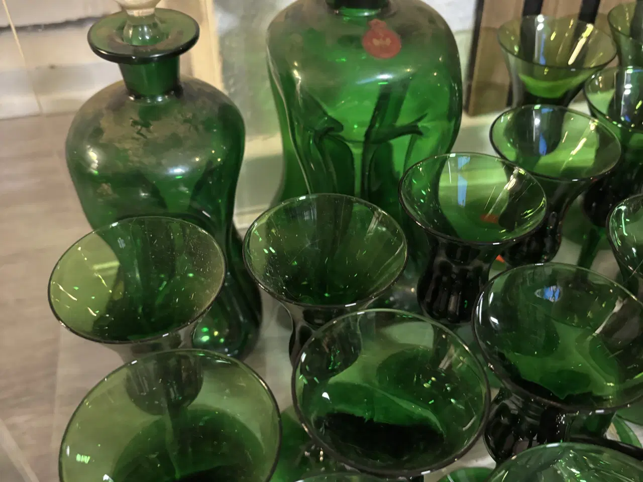 Billede 3 - Holmegaard flaskegrøn snapseglas og klukflaske