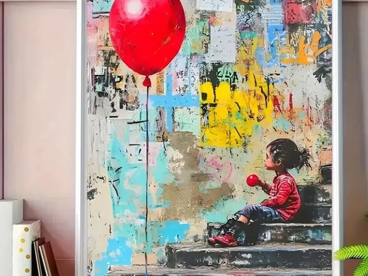 Billede 1 - * Lærredsmaleri/tryk; Sød pige med rød ballon