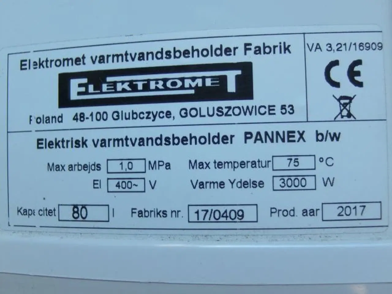 Billede 2 - Varmvandsbeholder Pannex 80 L + sikkerhedsafbryder