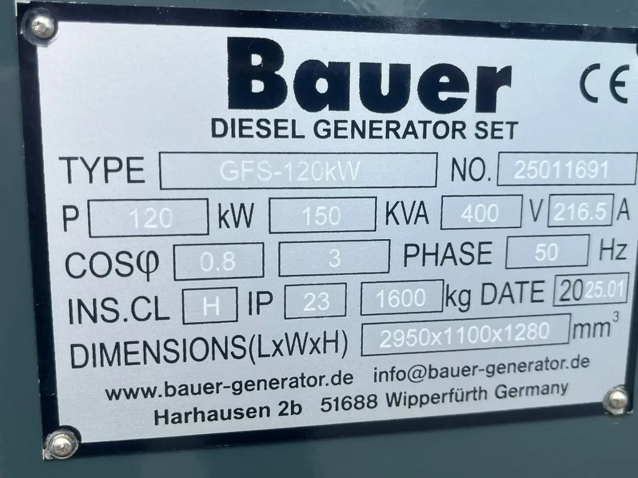 Billede 3 - Bauer GFS-120 ATS, 120 kW/150 kVA Fabriksny generator