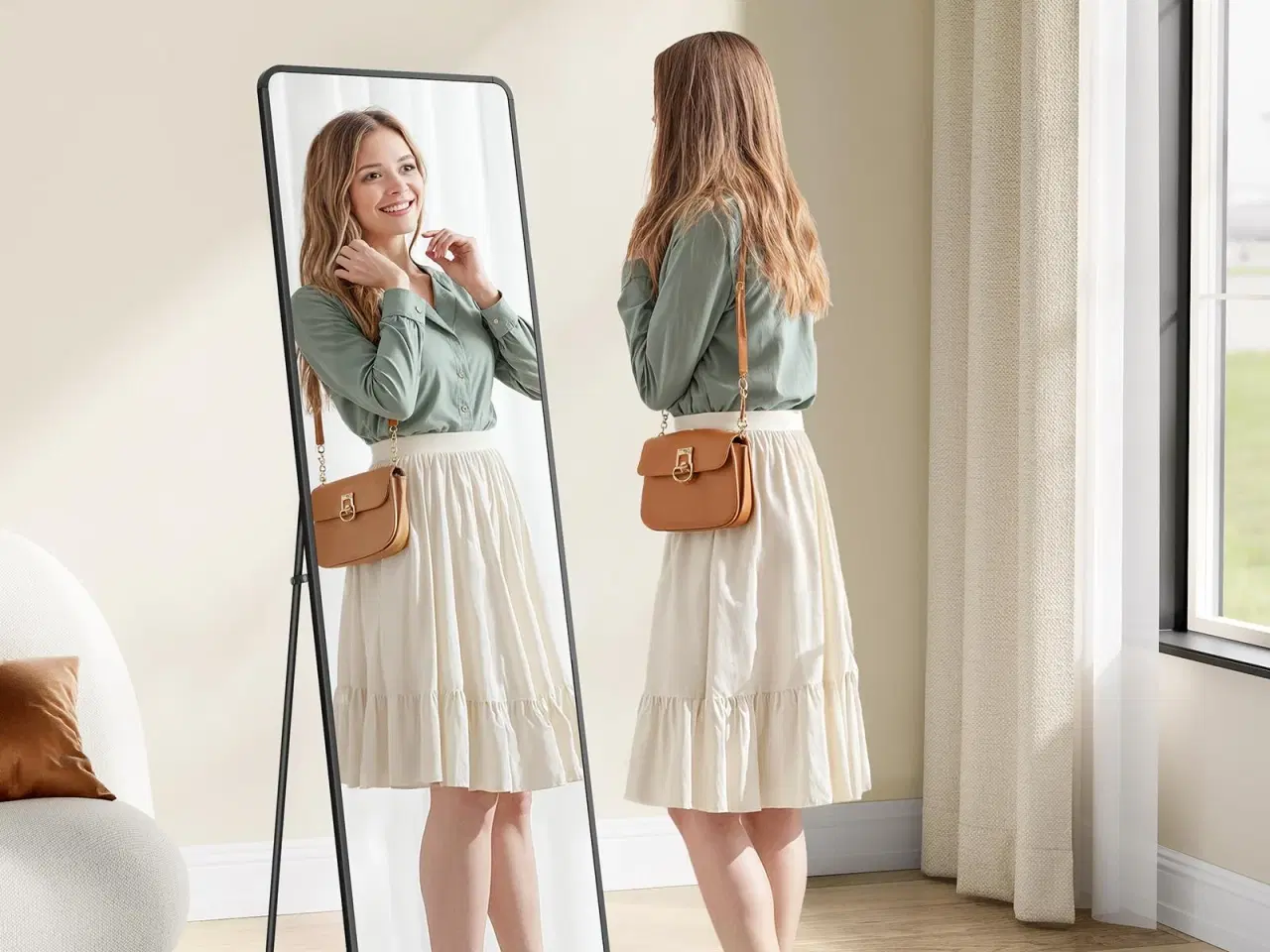 Billede 2 - Fuldfigurs gulvspejl 150 × 40 cm med ståstativ – rektangulært spejl i hærdet glas, aluminiumsramme, blæksort